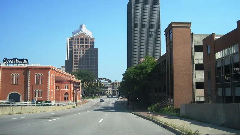 Entering downtown Rochester, NY on Clinton St., July 2023